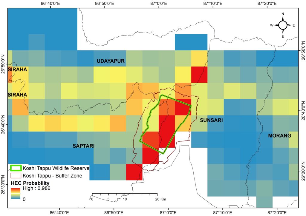 A map of human elephant conflict hotspots through Koshi Tappu Wildlife Reserve