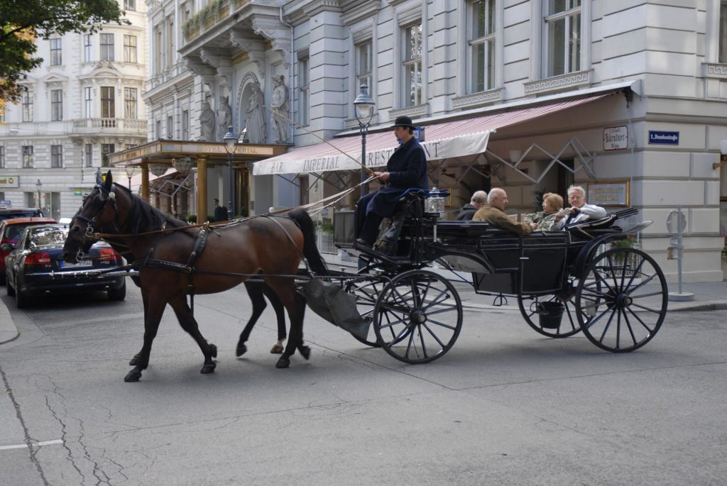 A Fiaker horse carriage at the Imperial Hotel in Vienna, close to the Spanish Riding School